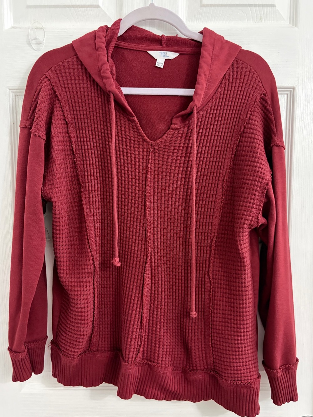 Cozy Waffle-Knit Hooded Pullover - dark Red. Size large $10